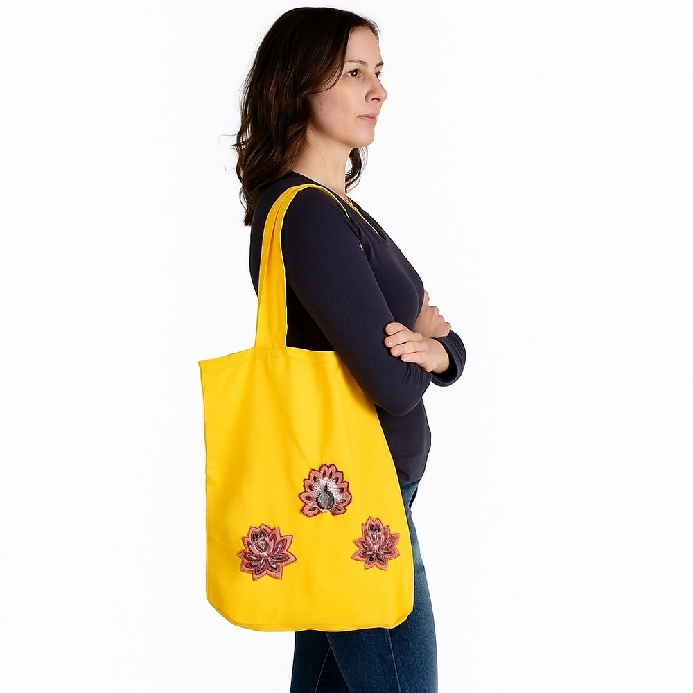 Hand Sewn Artisan Yellow With Florals Reusable Shopping Tote 17.5"